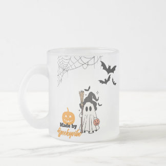 Cute Halloween Ghost Witch with Broom and Pumpkin Frosted Glass Coffee Mug