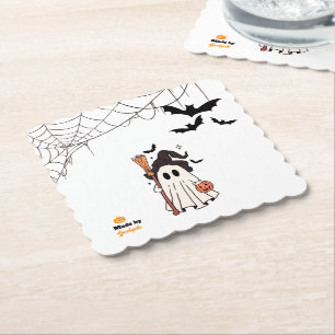 Cute Halloween Ghost Witch with Broom and Pumpkin Paper Coaster