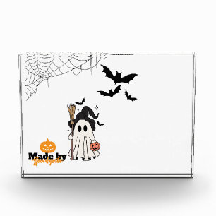 Cute Halloween Ghost Witch with Broom and Pumpkin Photo Block