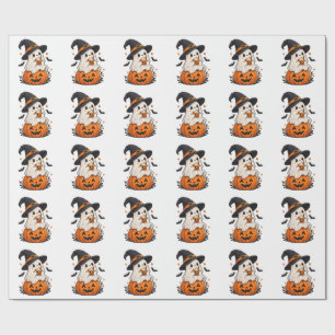 Cute Halloween Ghost Witch with Pumpkin Wrapping Paper