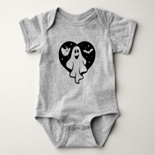 Cute Halloween Ghost With Heart And Bat Baby Bodysuit