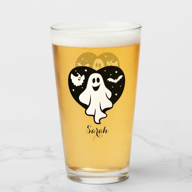 Cute Halloween Ghost With Heart And Bat  Glass (Front Filled)