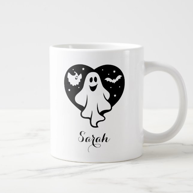 Cute Halloween Ghost With Heart And Bat Large Coffee Mug (Right)