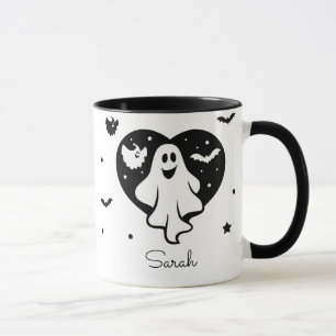 Cute Halloween Ghost With Heart And Bat Mug