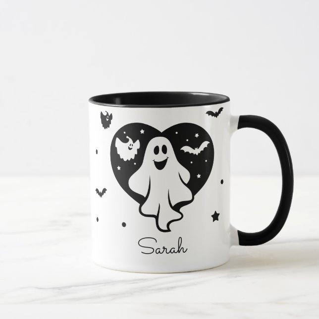 Cute Halloween Ghost With Heart And Bat Mug (Right)