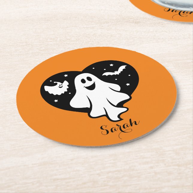 Cute Halloween Ghost With Heart And Bat Round Paper Coaster (Angled)