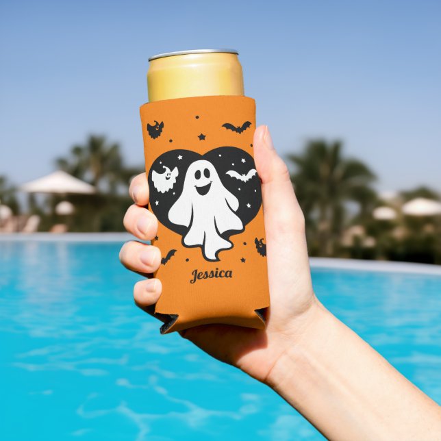 Cute Halloween Ghost With Heart And Bat Seltzer Can Cooler (In Situ Pool)