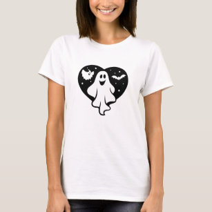 Cute Halloween Ghost With Heart And Bat T-Shirt