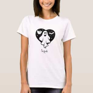 Cute Halloween Ghost With Heart And Bat T-Shirt