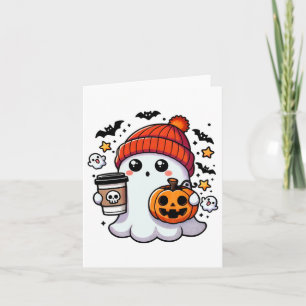 Cute Halloween Ghost With Pumpkin And Coffee  Card