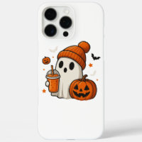 Cute Halloween Ghost with Pumpkin and Drink