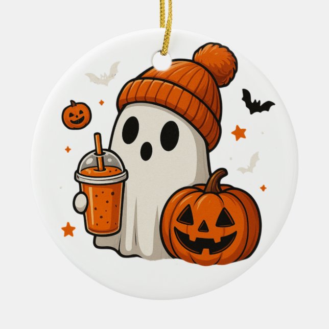 Cute Halloween Ghost with Pumpkin and Drink  Ceramic Tree Decoration (Front)