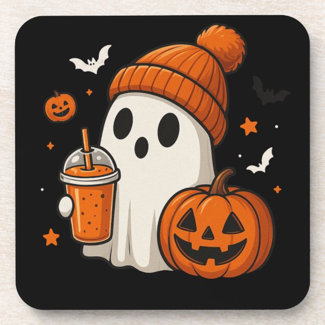 Cute Halloween Ghost with Pumpkin and Drink  Coaster (Front)