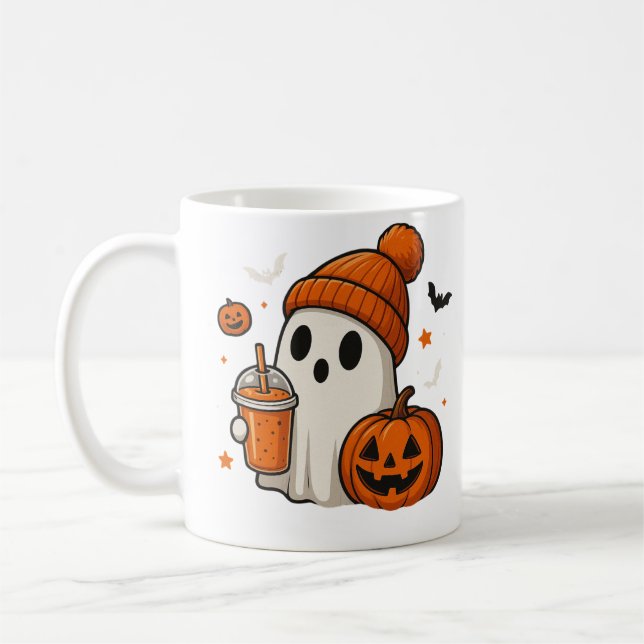 Cute Halloween Ghost with Pumpkin and Drink  Coffee Mug (Left)