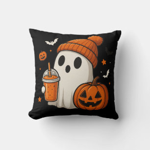Cute Halloween Ghost with Pumpkin and Drink  Cushion