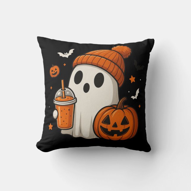 Cute Halloween Ghost with Pumpkin and Drink  Cushion (Front)