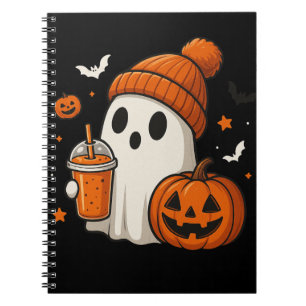 Cute Halloween Ghost with Pumpkin and Drink Notebook