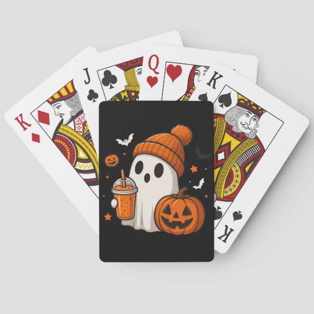 Cute Halloween Ghost with Pumpkin and Drink  Playing Cards (Back)