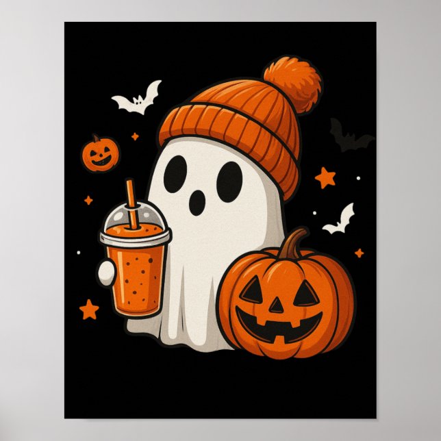 Cute Halloween Ghost with Pumpkin and Drink  Poster (Front)