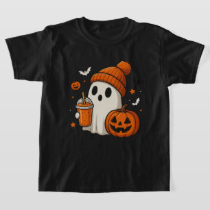 Cute Halloween Ghost with Pumpkin and Drink T-Shirt