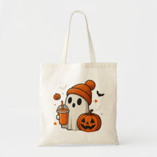 Cute Halloween Ghost with Pumpkin and Drink Tote Bag