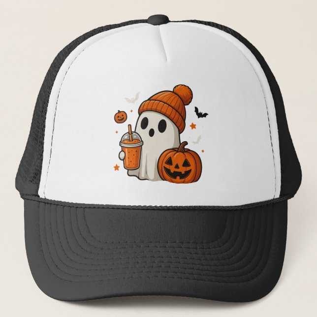 Cute Halloween Ghost with Pumpkin and Drink  Trucker Hat (Front)