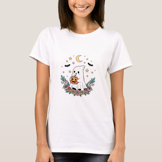 Cute Halloween Ghost with Pumpkin & Flower T-Shirt (Front)