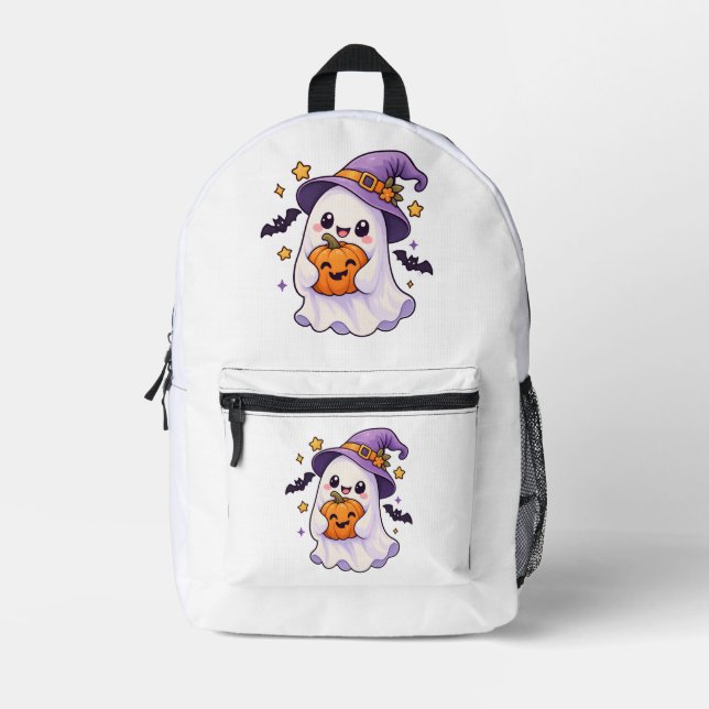 Cute Halloween Ghost with Pumpkin Printed Backpack (Front)