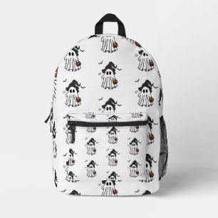 Cute Halloween Ghost with Witch Hat and Pumpkin Printed Backpack
