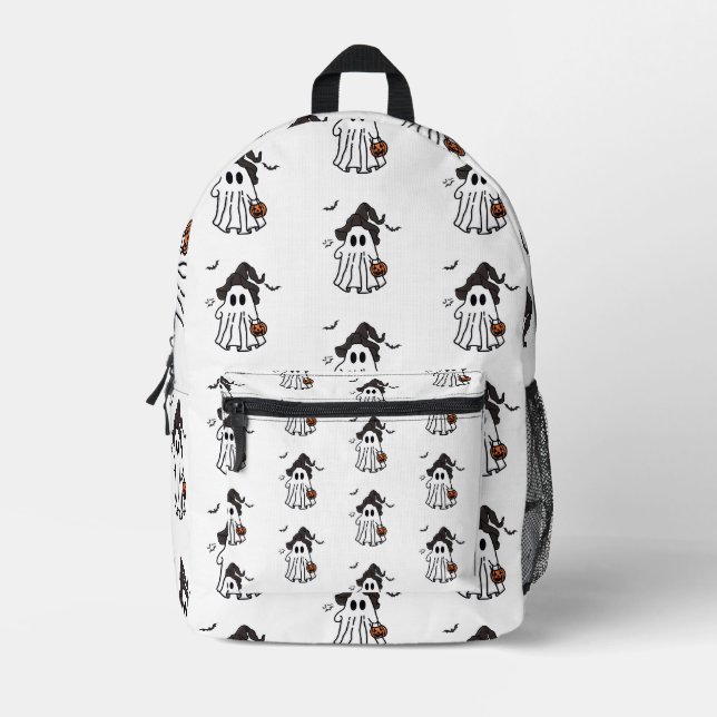 Cute Halloween Ghost with Witch Hat and Pumpkin Printed Backpack (Front)