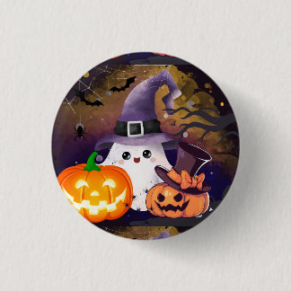 Cute Halloween Ghost with Witch Hat and Pumpkins 3 Cm Round Badge