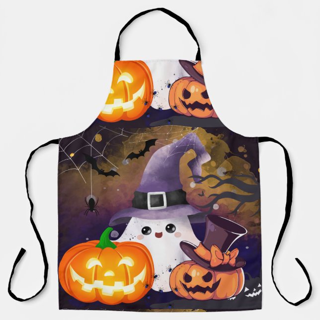 Cute Halloween Ghost with Witch Hat and Pumpkins  Apron (Front)