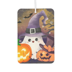 Cute Halloween Ghost with Witch Hat and Pumpkins Car Air Freshener