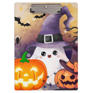 Cute Halloween Ghost with Witch Hat and Pumpkins Clipboard