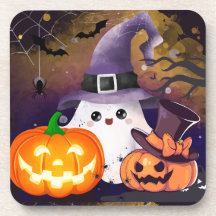 Cute Halloween Ghost with Witch Hat and Pumpkins