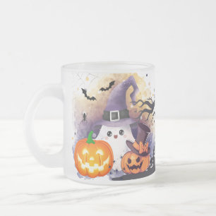 Cute Halloween Ghost with Witch Hat and Pumpkins Frosted Glass Coffee Mug