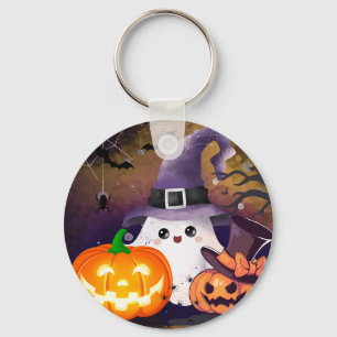 Cute Halloween Ghost with Witch Hat and Pumpkins Key Ring