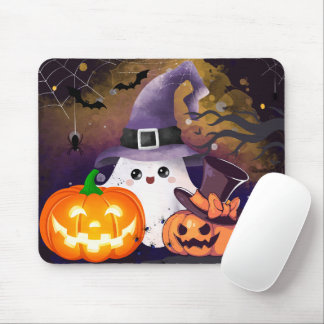 Cute Halloween Ghost with Witch Hat and Pumpkins Mouse Mat