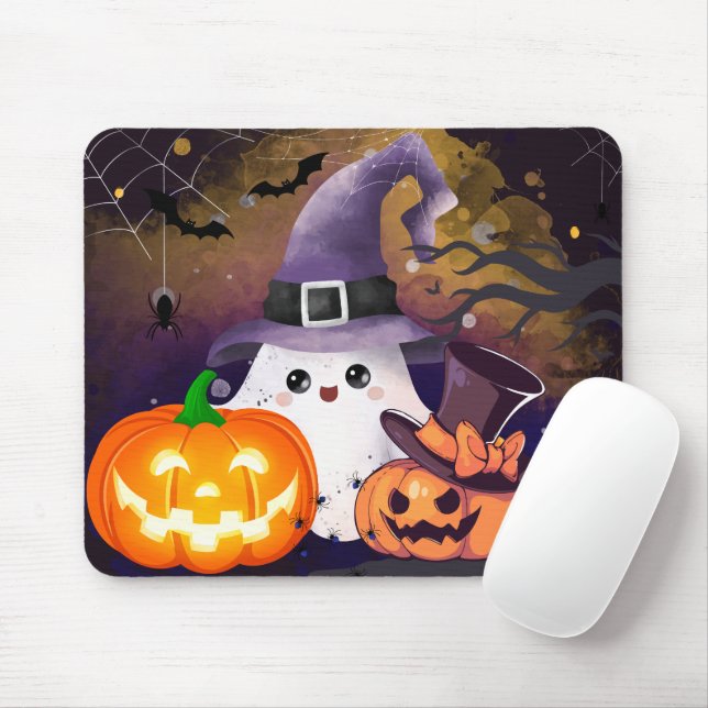 Cute Halloween Ghost with Witch Hat and Pumpkins Mouse Mat (With Mouse)