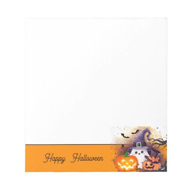 Cute Halloween Ghost with Witch Hat and Pumpkins Notepad (Front)