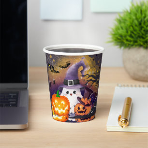 Cute Halloween Ghost with Witch Hat and Pumpkins Paper Cups