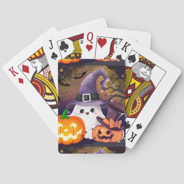 Cute Halloween Ghost with Witch Hat and Pumpkins Playing Cards (Back)
