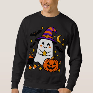 Cute Halloween Ghost with Witch Hat, Pumpkin Sweatshirt