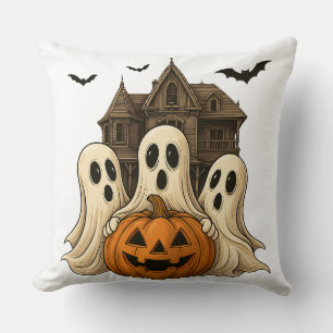 Cute Halloween Ghosts and Haunted House Design Cushion