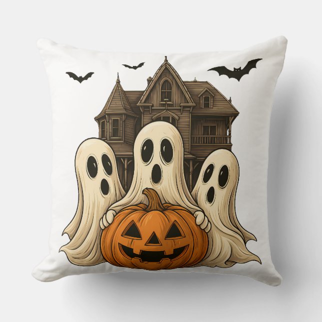 Cute Halloween Ghosts and Haunted House Design Cushion (Front)