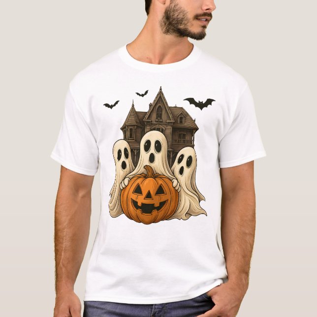 Cute Halloween Ghosts and Haunted House Pumpkin T- T-Shirt (Front)