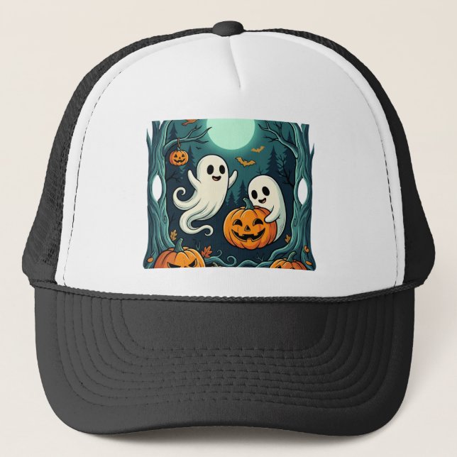 Cute Halloween Ghosts and Jack O Lantern Forest (2 Trucker Hat (Front)