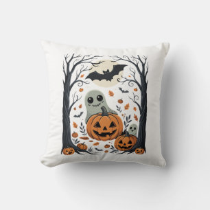Cute Halloween Ghosts and Jack O Lantern Forest Cushion