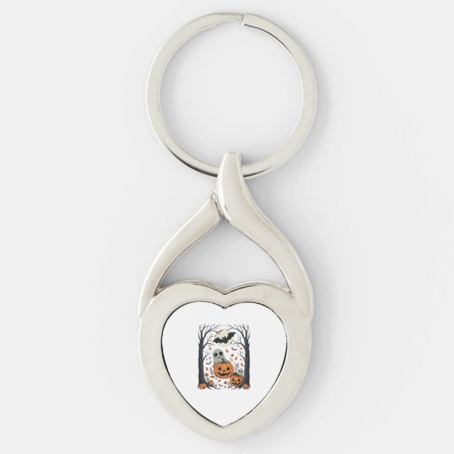 Cute Halloween Ghosts and Jack O Lantern Forest Key Ring (Front)