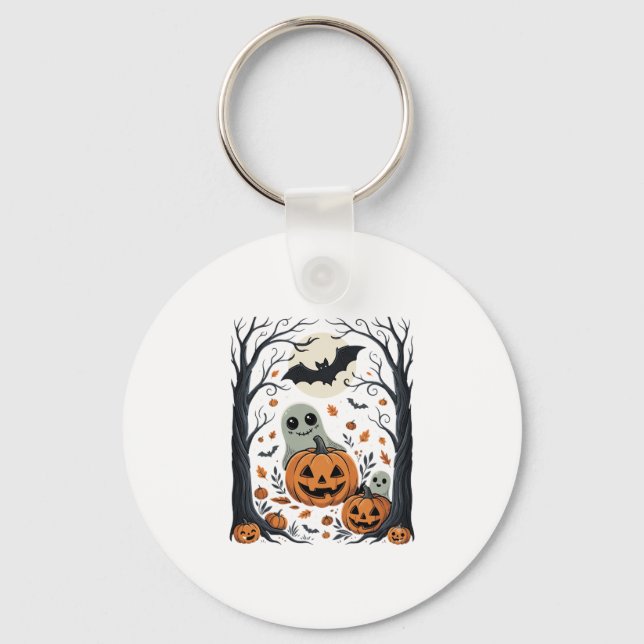 Cute Halloween Ghosts and Jack O Lantern Forest Key Ring (Front)